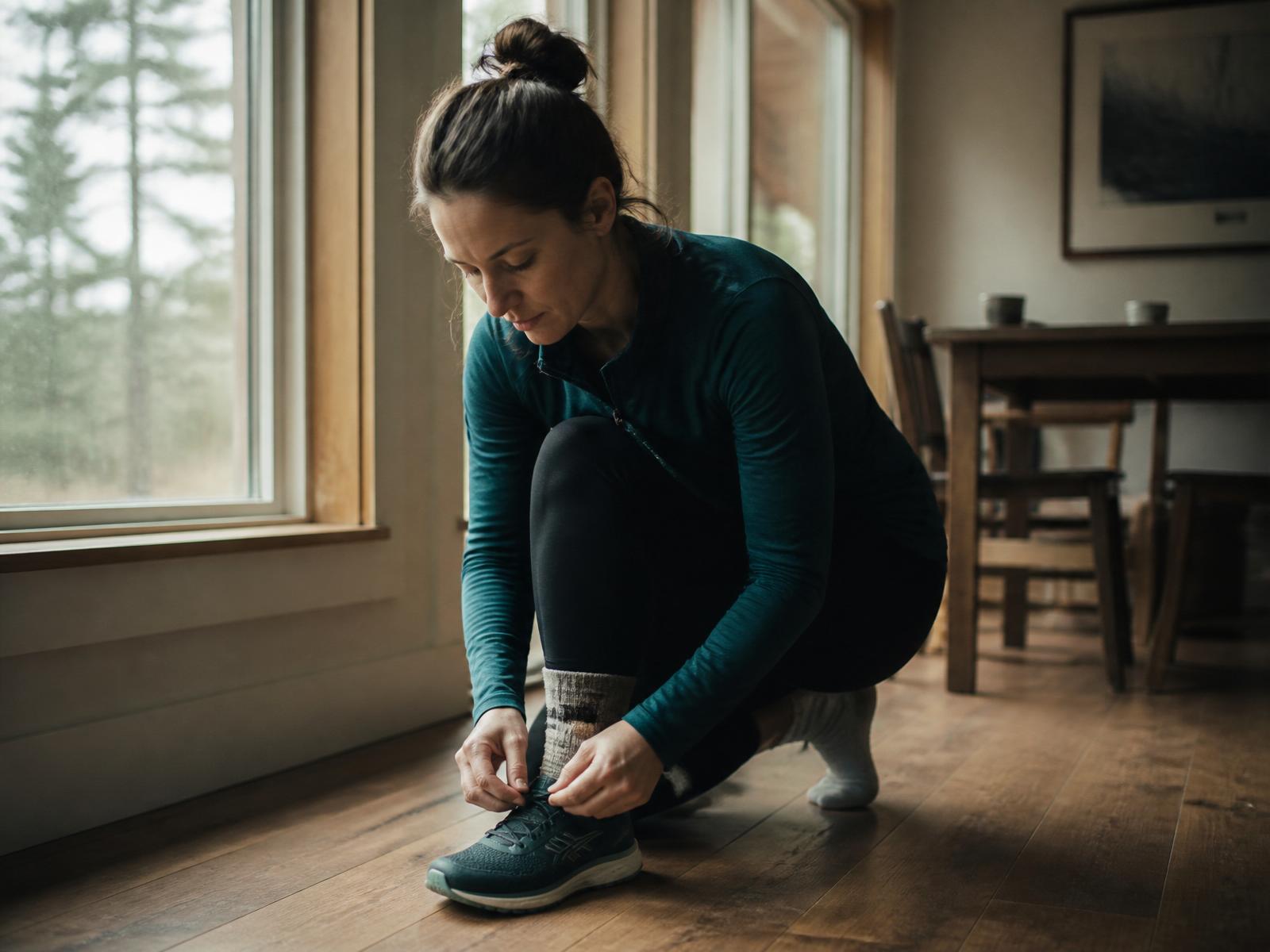 A person quietly lacing up their shoes in soft morning light